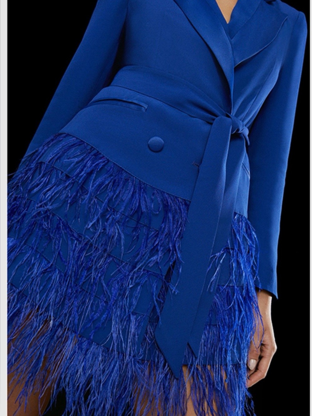 Karen Millen Royal Blue Feather-Trim Belted Blazer